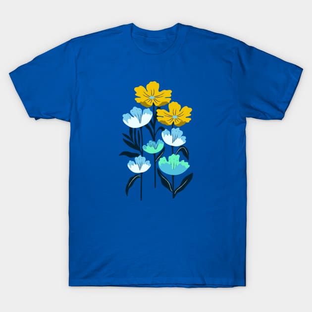 Colorful tropical flowers in blue and yellow T-Shirt by Jennifer Ladd